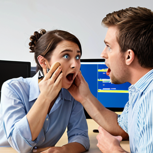 **A team of designers passionately engaged in a role-playing session to simulate a customer service interaction. One person acts as a frustrated customer while another tries to resolve the issue. The setting should resemble a casual office space, emphasizing collaboration and empathy.**