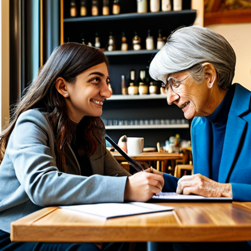 서비스 디자인 사고의 커뮤니케이션 전략 - User Interview in a Milanese Cafe**
"A brightly lit Milanese cafe setting, featuring a UX designer ...
