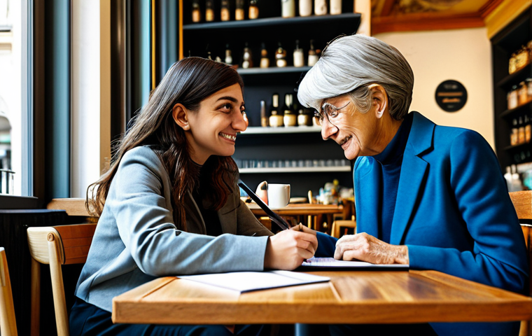 서비스 디자인 사고의 커뮤니케이션 전략 - User Interview in a Milanese Cafe**
"A brightly lit Milanese cafe setting, featuring a UX designer ...
